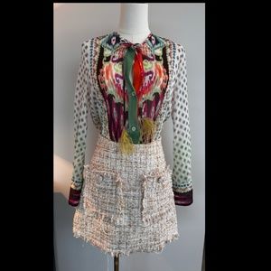 Zara printed blouse feather fringed ties